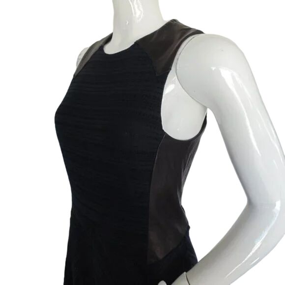 RAG & BONE Basha Dress, 8, Black Leather Trim, Navy Semi-sheer, Fit & Flare - Picture 3 of 14